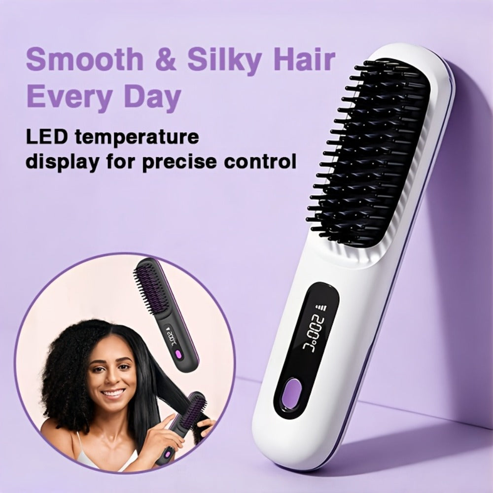 Cordless Hair Straightening Brush ¨C Mini Rechargeable Portable Straightener Comb for Travel Daily Styling, Fast Heating Anti-Scald Frizz Control for All Hair Types, Black & White