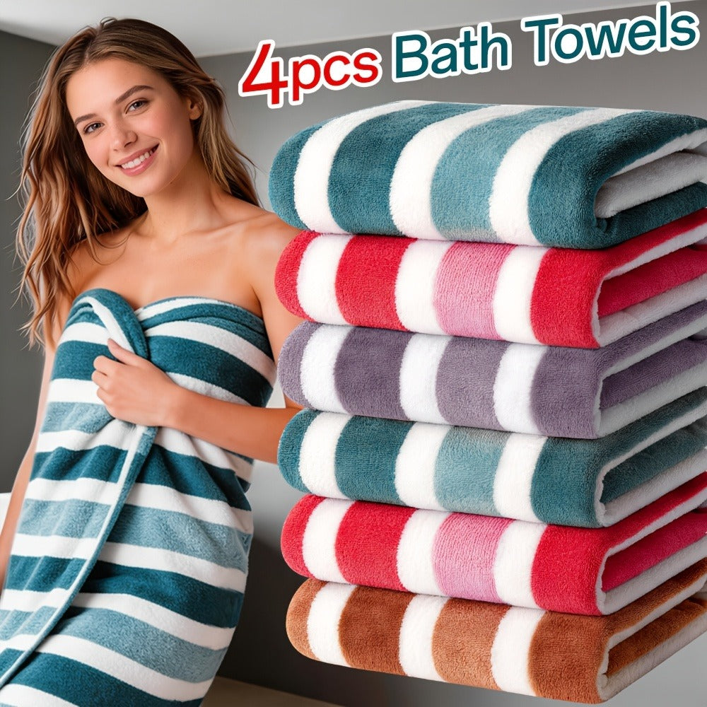Striped Bath Towel Set 1 or 4 Pack 346GSM - 100% Polyester Super Soft Skin Friendly Absorbent Quick Dry | 70x140cm 27.6x55.1in | Green Gray Red Multi-Color | Home Bathroom Beach Essentials