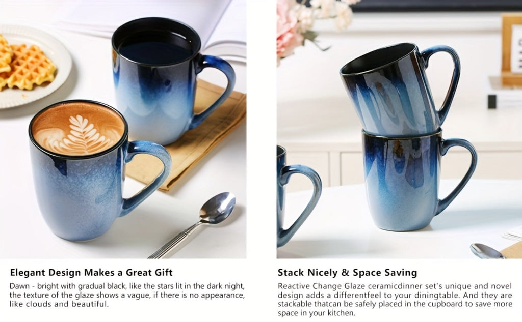 Gradient Blue Ceramic Mugs Set of 6 ¨C 14 Oz Reaction Glaze Coffee Mugs ¨C Durable Stain-Resistant Unique Design ¨C Perfect for Coffee, Tea & Gifting at Weddings, Parties & Holidays