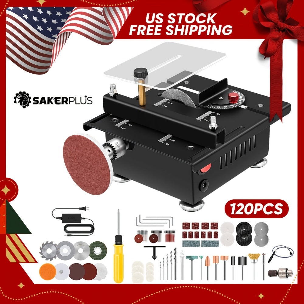SakerPlus Mini Table Saw - 120/136pcs Multifunctional Portable All-in-One Machine, 7-Speed Adjustable, Cutting Sanding Carving Drilling for Metal, Wood & Aluminum, DIY Power Tool Gift for Men
