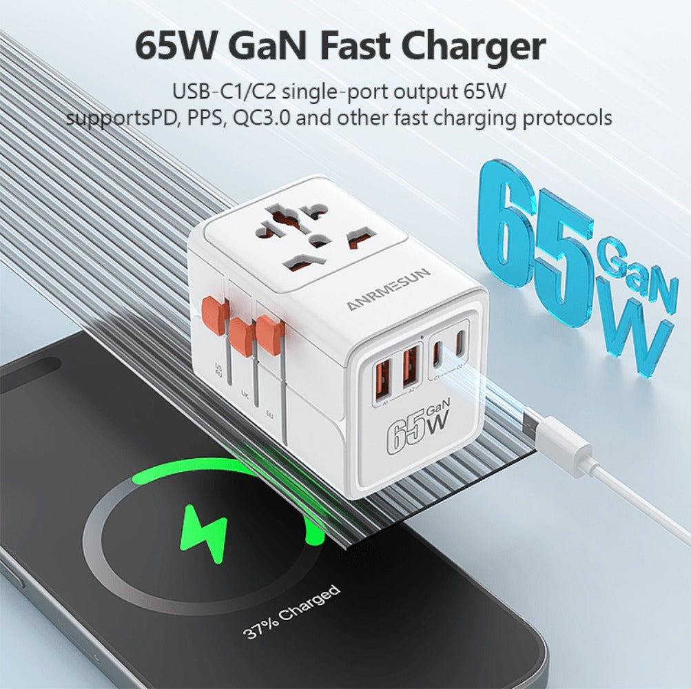 65W Universal Travel Adapter with 4 USB Ports - 2 USB-C & 2 USB-A Fast Charging, US EU UK AU Plugs, 100-240V Input, Overload & Short Circuit Protection, 200+ Countries, White & Black