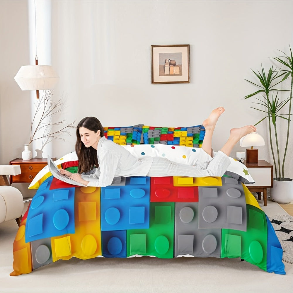 Building Blocks Duvet Cover Set 3D Rainbow Gradient Colorful Brick Bedding Set Kids Room Decor Microfiber Zipper Closure Twin Full Queen King No Comforter