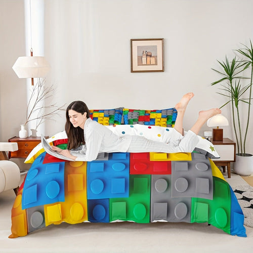 Building Blocks Duvet Cover Set 3D Rainbow Gradient Colorful Brick Bedding Set Kids Room Decor Microfiber Zipper Closure Twin Full Queen King No Comforter