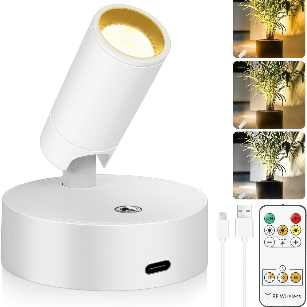 Rechargeable Indoor Spotlight LED ¨C 3-Color Dimmable with Remote & Timer, 350¡ã Adjustable, 2500mAh Battery, Magnetic Base Wall Accent Light for Pictures, Plants & Artwork (White / Black, 1 or 2 Pack)