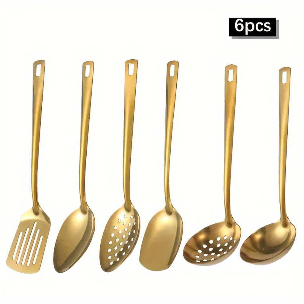 6 Piece Korean Style Stainless Steel Kitchen Utensil Set Cooking Spoons Spatula Ladle Strainer Hot Pot Clips for Cooking Buffet Restaurant