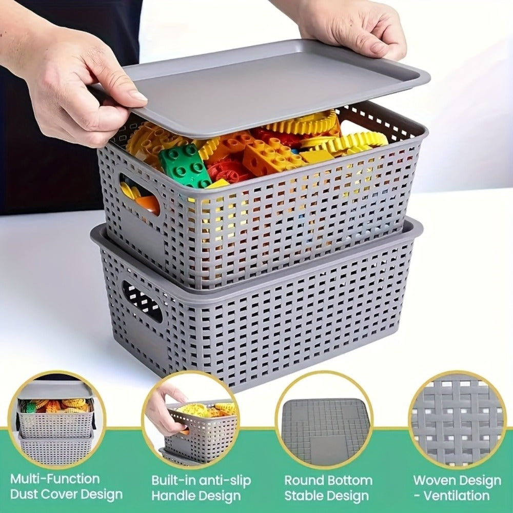 Storage Basket Set with Lids 8pcs ¨C Plastic Desktop Organizer Bins for Document Storage, Shelf Organization & Home Office ¨C Flip-Top Lid Baskets, White