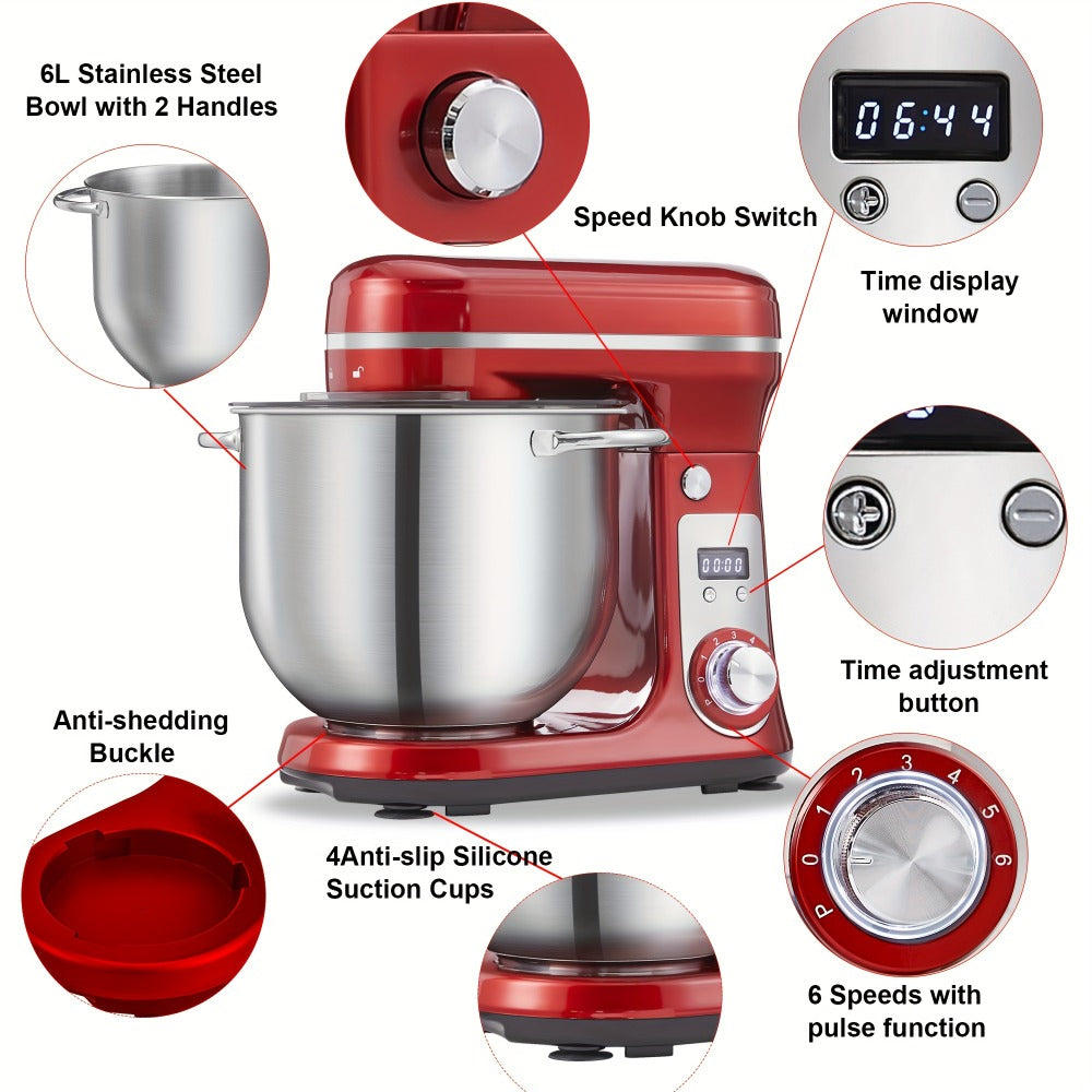 Stand Mixer 1200W 6L Stainless Steel Bowl - Kitchen Food Stand Mixer with Dough Hook, Whisk & Beater, 6-Speed Tilt-Head Electric Mixer for Baking, Kneading, Whipping, Red