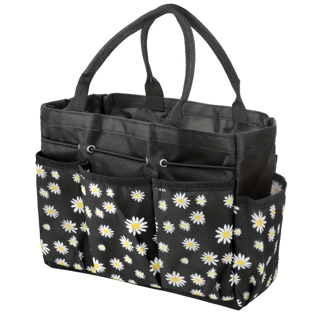 Garden Tool Bag Heavy Duty Multi-Pocket Organizer ¨C Large Capacity Tool Storage Carrier Tote for Gardening, Lawn Care, Camping & Outdoor Work, Portable Daisy Pattern, Black & Gray (No Tools Included)