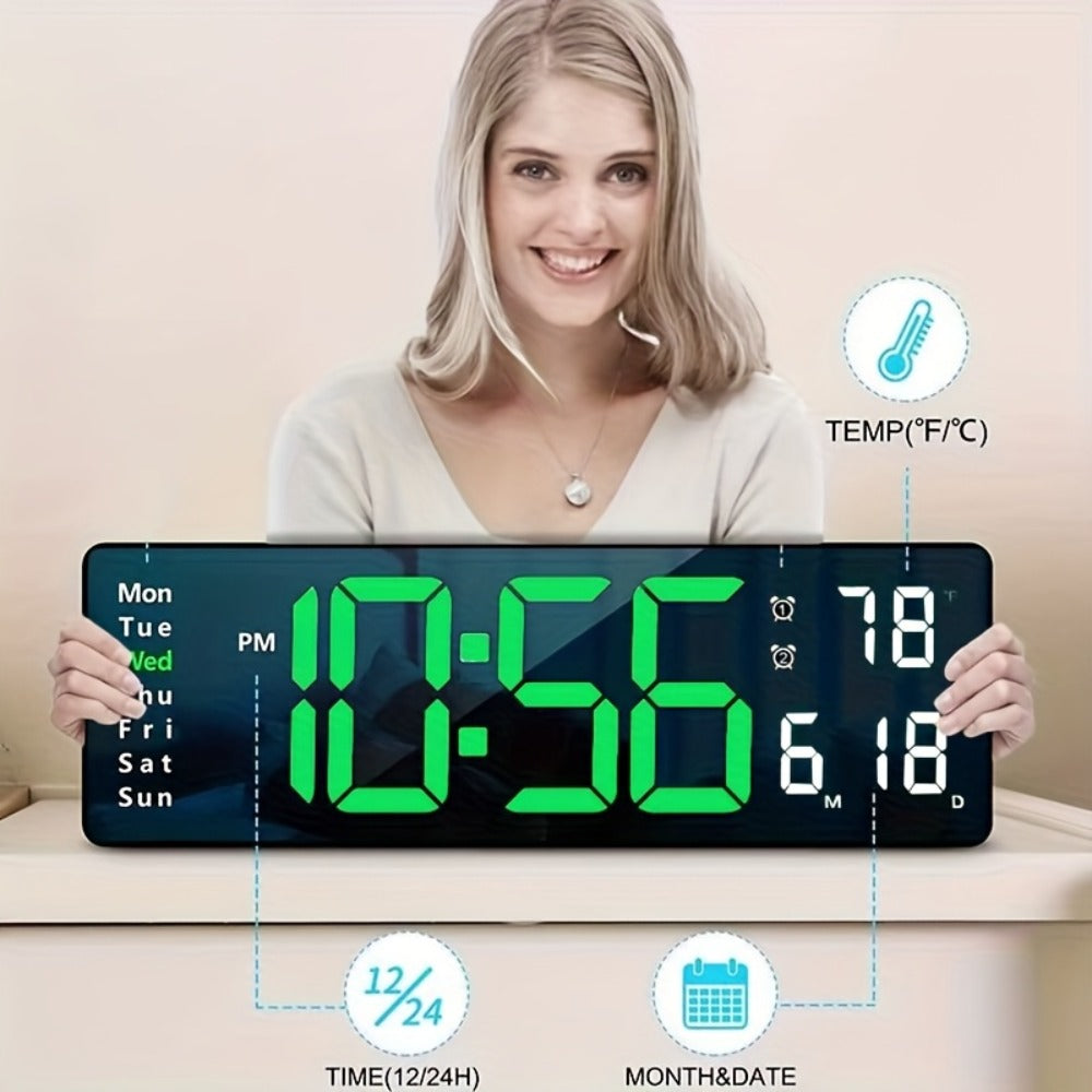 Large Digital Wall Clock 16 Inch LED Color Display, Smart Auto-Dimming 10-Level Brightness, Time Temperature Humidity Monitor, Dual Alarm with Snooze, USB Powered with Remote Control for Living Room Office Bedroom