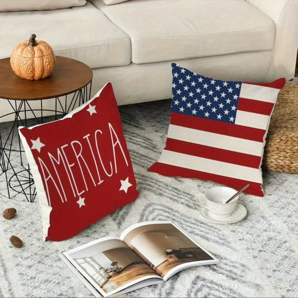 Patriotic Pillowcase Set 4pcs ¨C Stars & Stripes Polyester Pillow Covers, Zipper Closure, Machine Washable, Red White Blue July 4th Independence Day Home Decor