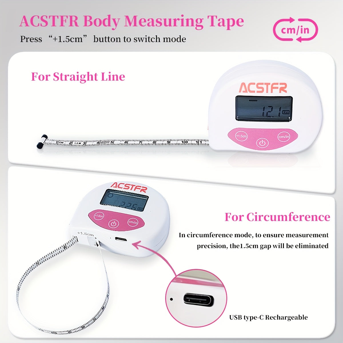 Digital Body Measuring Tape 60 Inch 150cm Smart Retractable Electronic Tape Measure for Weight Loss Waist Hip Chest Arm Body Measurement USB Rechargeable Fitness Tracker Tool