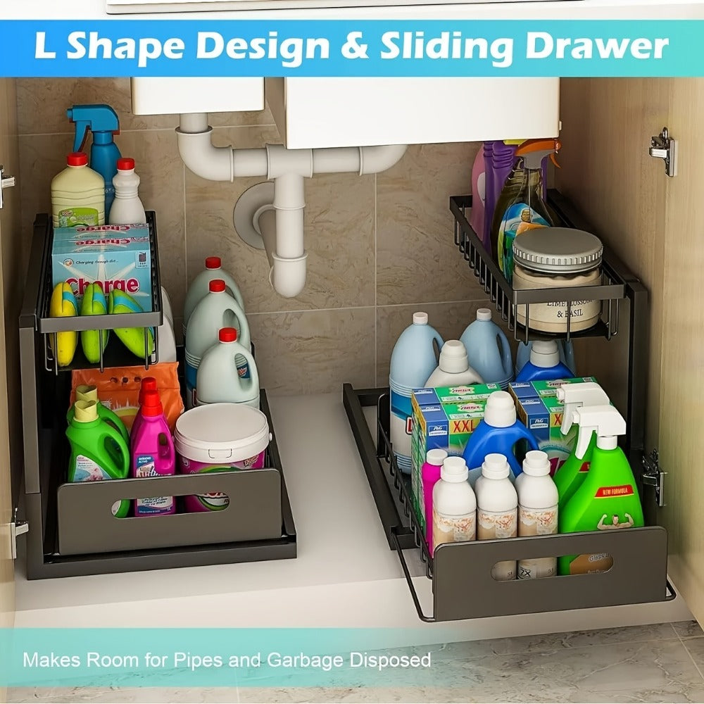 L-Shaped Sliding Drawer Organizer ¨C Heavy-Duty Under Sink Storage Rack, Space-Saving Cabinet Organizer for Kitchen, Bathroom, Garage & Workshop, Large Capacity, Black & White
