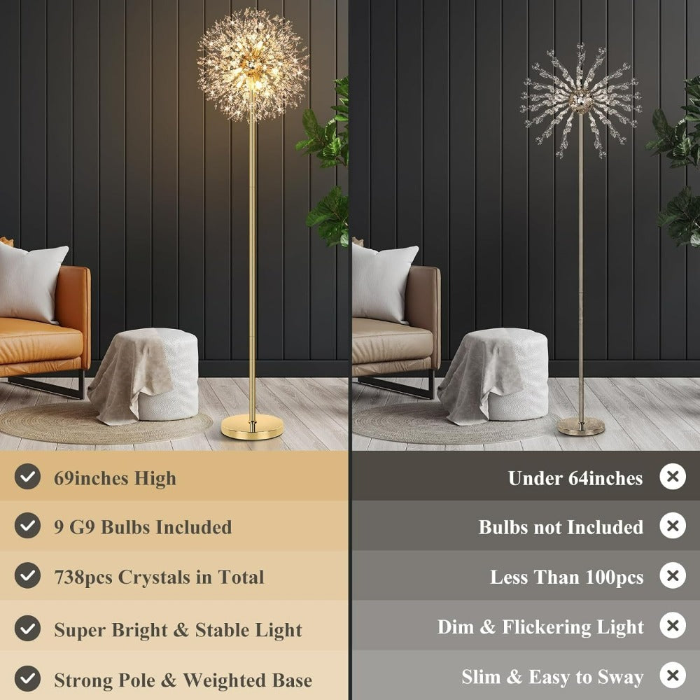Crystal Floor Lamp Living Room 69 Inch Modern Standing Lamp ¨C 738pcs K9 Crystals, 9 LED Bulbs, Antique Brass & Gold Finish, Tall Pole Light for Bedroom, Office & Mid Century Glam Decor