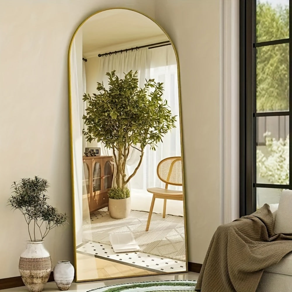 Full Length Mirror Floor Standing, Arched & Rect Body Mirror with Stand, Hanging or Leaning Wall Mirror, Aluminum Alloy Thin Frame for Bedroom Hotel Bathroom
