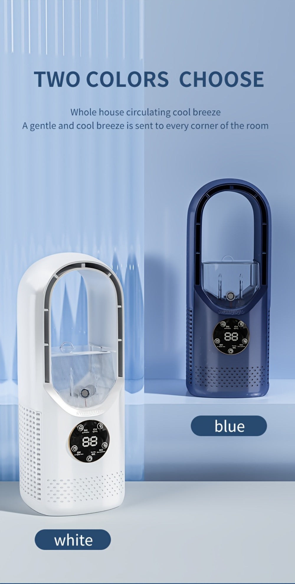Portable Bladeless Fan USB Tower Fan, Desktop Air Conditioner Fan with Water Mist Cooling, Remote Control, Touch Screen, 7-Color LED Ambient Light and Timer, Personal Cooling Fan for Office, Travel, Camping, Home
