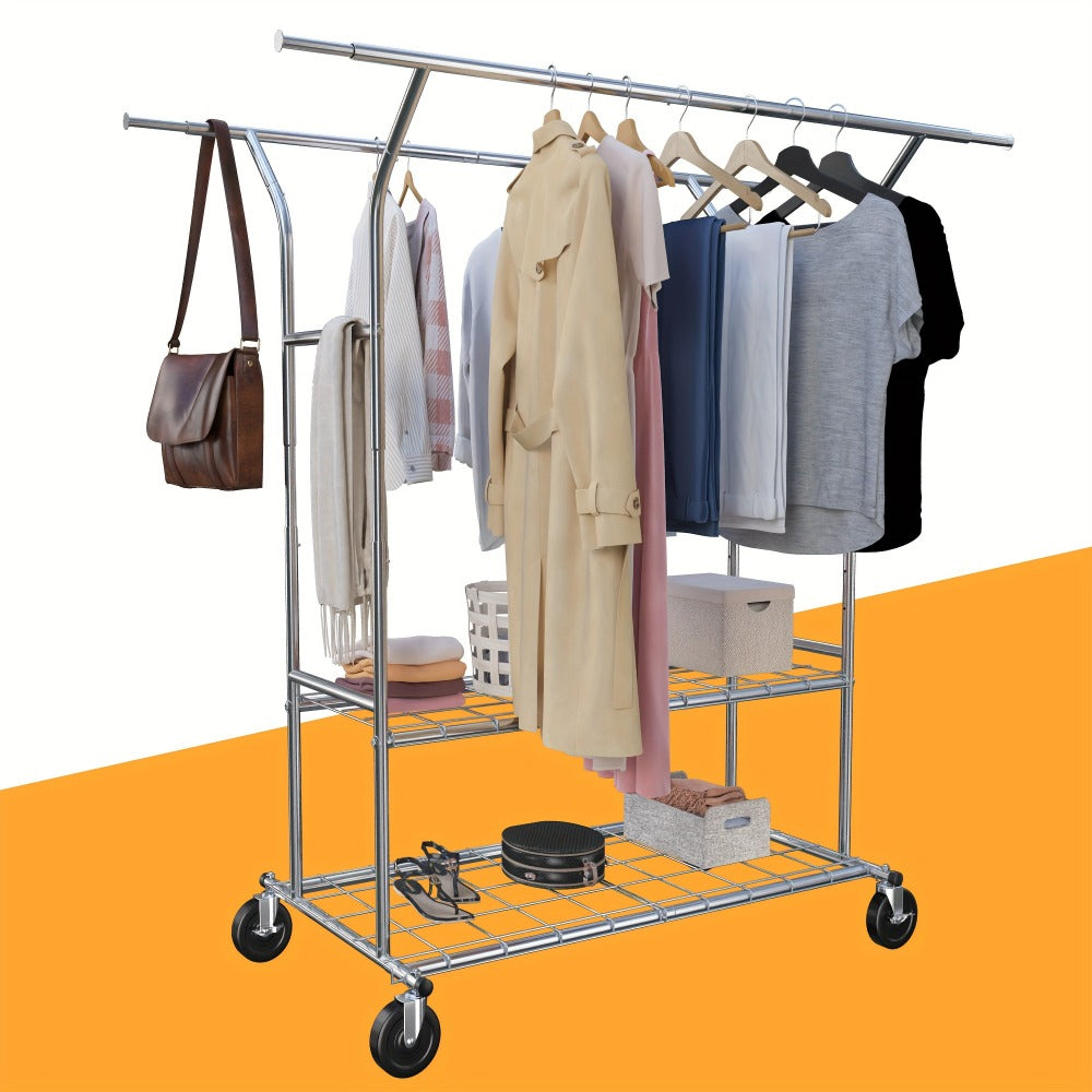 Heavy Duty Clothes Rack 630lbs Double Rod Rolling Garment Rack with Wheels Adjustable Height Width Freestanding Portable Clothing Stand with Bottom Shelves for Bedroom Closet Laundry Room Silver