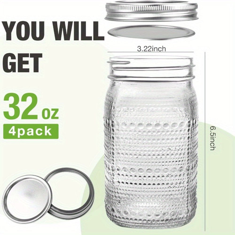 Mason Jars 32 oz Wide Mouth with Lids 4 Pack ¨C Glass Canning Jars for Food Storage, Meal Prep, Pickling, Fermenting & Pantry Organization, Dishwasher Safe, Leak-Proof Split Seal Lid