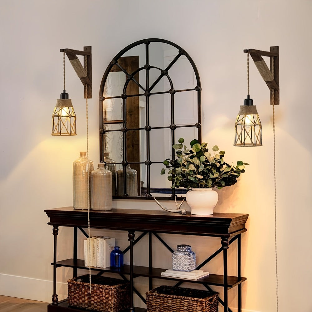 Plug In Wall Sconces Set of 2 or 1 ¨C Rustic Farmhouse Wall Lamp with Metal Cage & Wooden Bracket, Plug-Into-Outlet Hanging Light for Bedroom, Living Room & Headboard