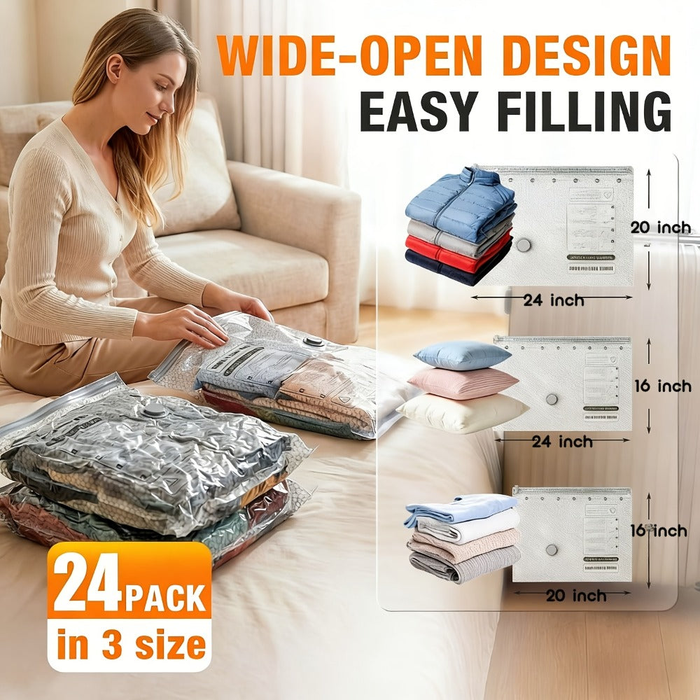 Travel Compression Bags with Pump 24 Pack - Vacuum Storage Pouches for Clothing, Space Saving Packing Bags for Suitcase Backpack