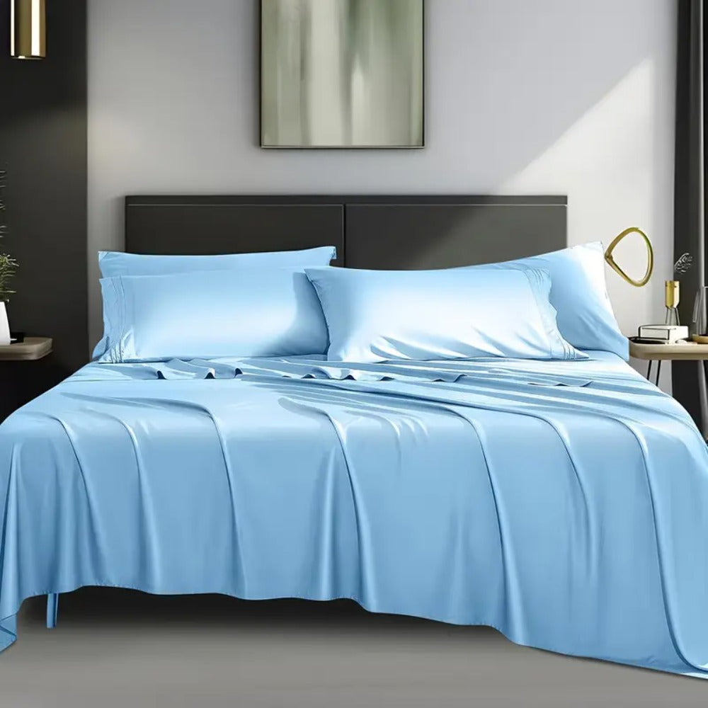 Cooling Sheet Set 4 Piece 2200TC Bamboo Blend - Silky Soft Deep Pocket 16 inch Fitted Sheet, Flat Sheet & Pillowcases, Breathable Luxury Bedding for Hot Sleepers Twin Full Queen King, Summer Chill Collection