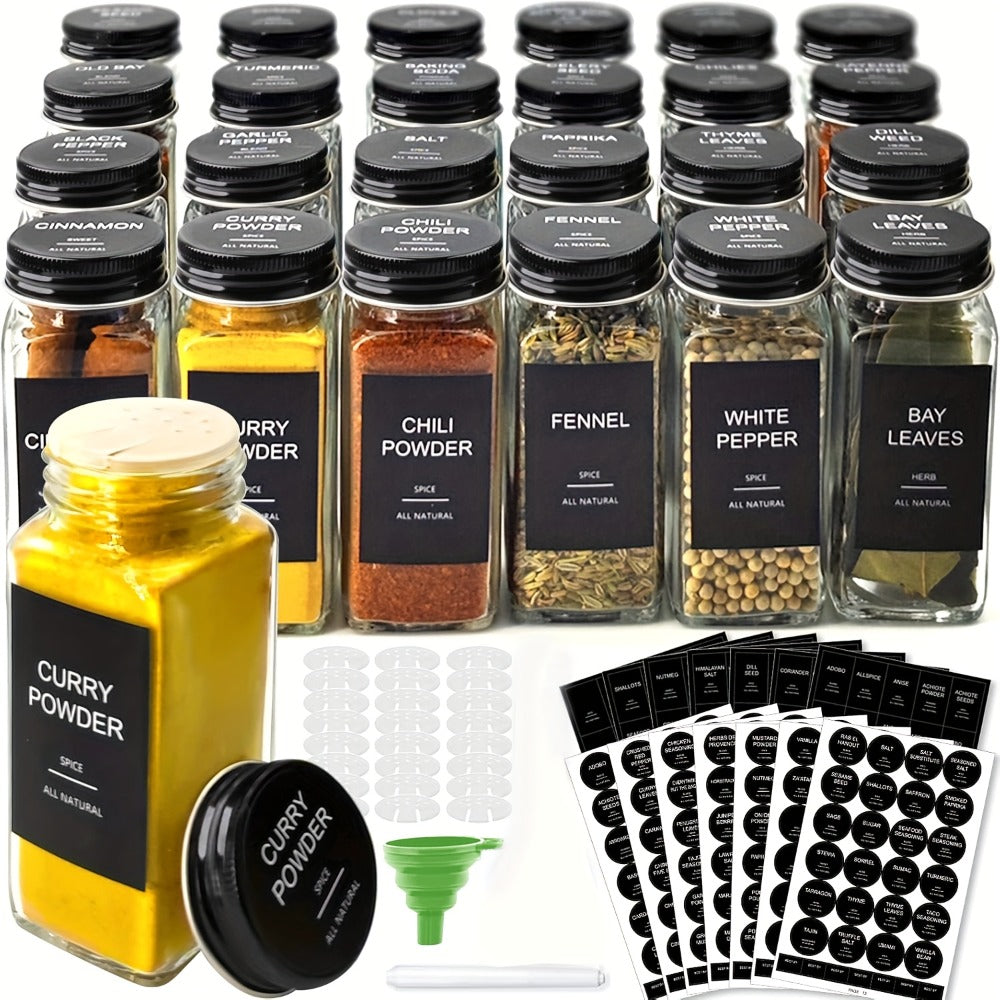 Glass Spice Jars with Labels 24 Pack - Square Empty Spice Containers with Shaker Lids Funnels and Markers - Airtight Seasoning Bottles for Pantry Kitchen Organization Lead-Free Non-Toxic
