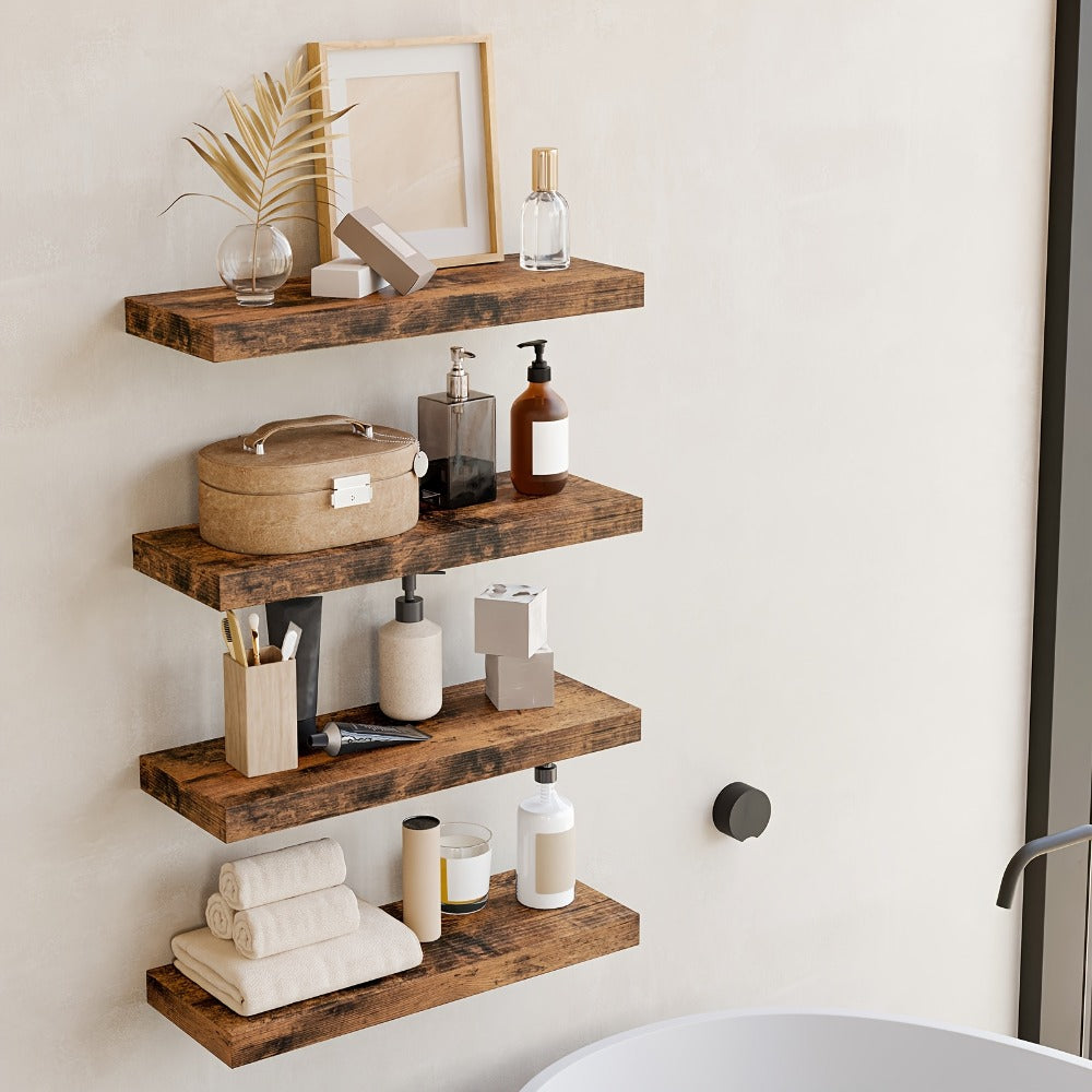 Floating Wall Shelves Set of 4, Retro Style Wall Mounted Shelves with Invisible Brackets for Bathroom Living Room Bedroom Kitchen, Brown Black White Gray Home Decor Display