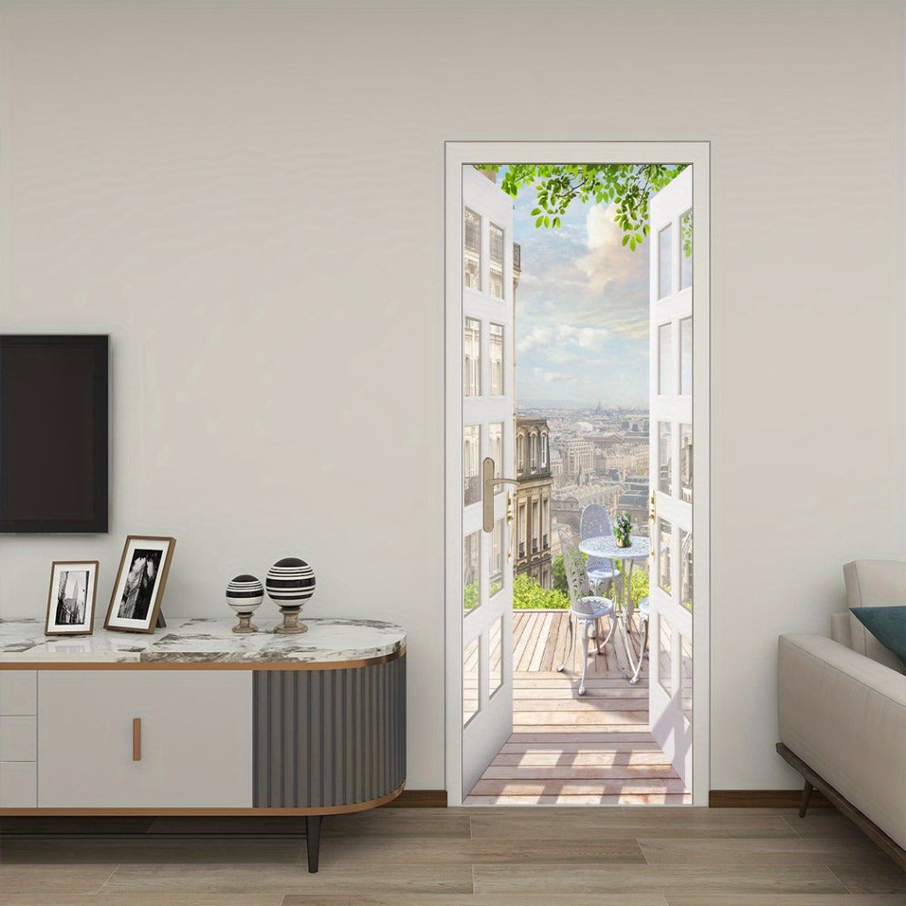 Door Sticker Balcony Scenery Wall Mural ¨C Removable Waterproof Peel & Stick Large Wall Art for Bedroom & Living Room, Faux Window View Home Decor, 35.43 x 78.74 Inches