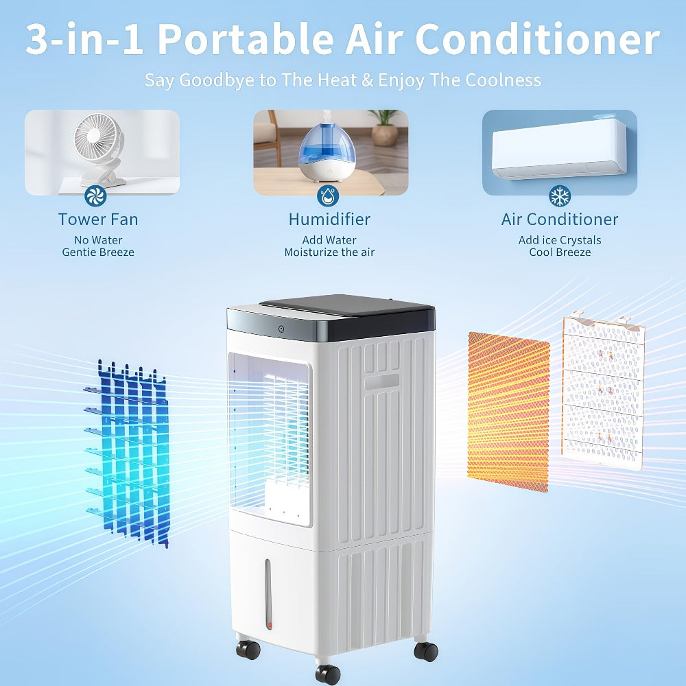 Portable Air Conditioner Evaporative Air Cooler with Remote, 40Hrs Cooling, 2.6 Gal Tank, 3 Speeds, Windowless AC Unit for Room, Personal Space Cooler Fast Cooling