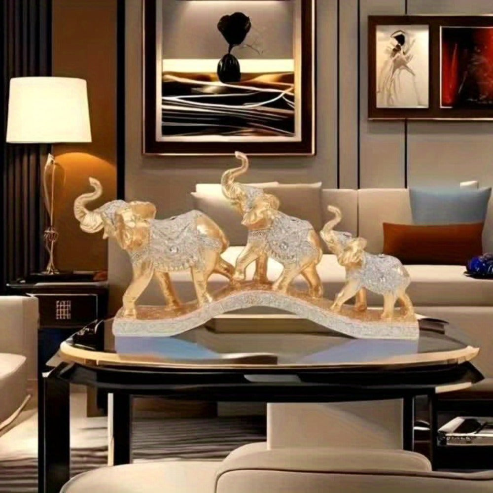 Golden Elephant Figurine Set of 3 - Lucky Elephant Statue Home Decor, Resin Elephant Family Sculpture for Living Room TV Cabinet Office Desktop, Wealth Attracting Housewarming Gift, 14 Inch
