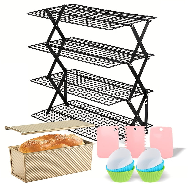 4-Tier Collapsible Cooling Rack Set with Muffin Cups - Metal Wire Baking Rack for Cookies Cakes Bread Roasting BBQ Countertop Kitchen Drying Rack