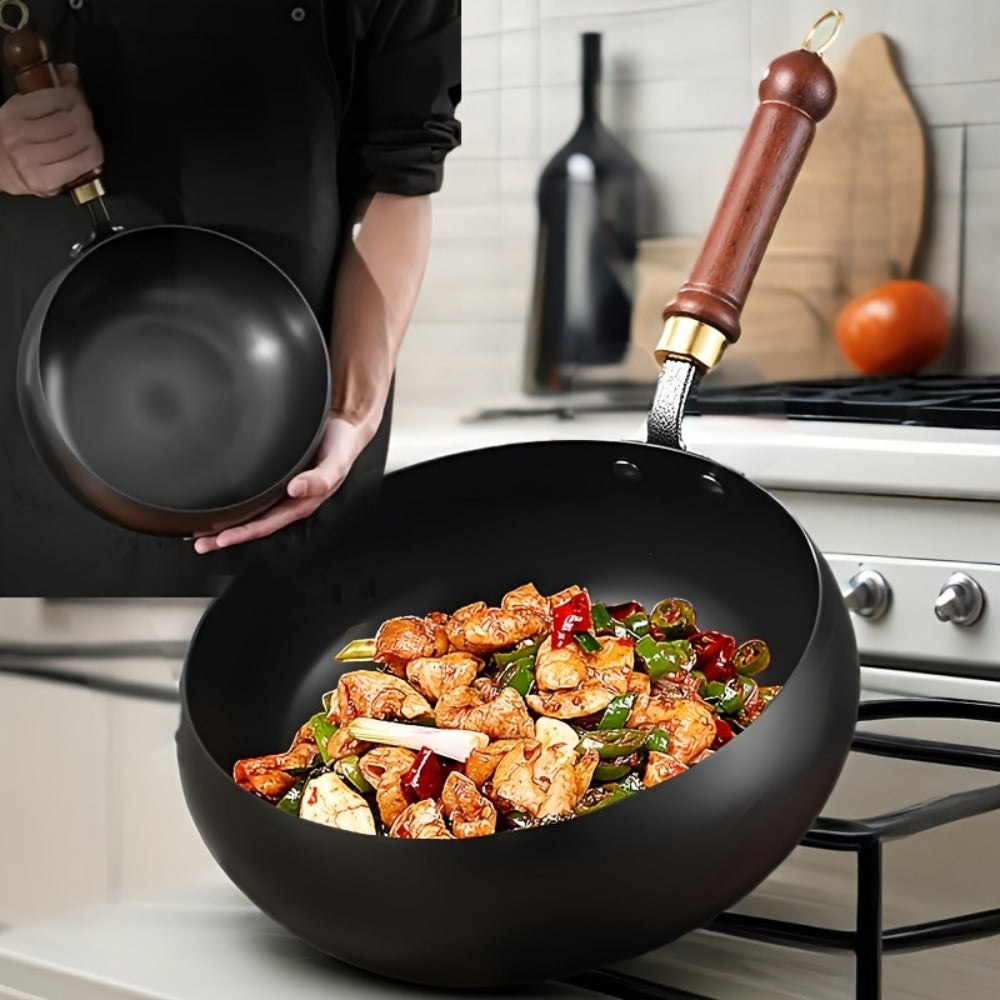 Wok Pan Carbon Steel Japanese Style Large Belly Uncoated Traditional Stir Fry Pan with Heat Resistant Handle Compatible with Gas Induction and All Stovetops for Stir Fry Soup Stew Camping Cooking