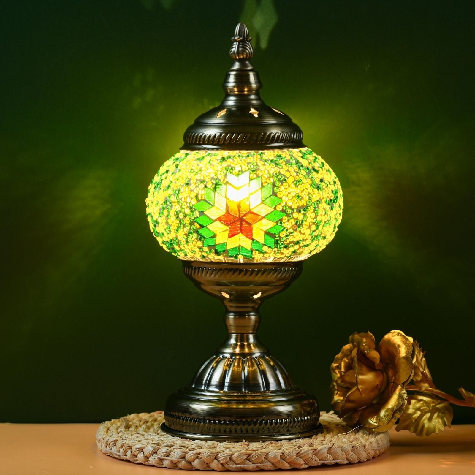 Mosaic Table Lamp Handcrafted Turkish Glass Bedside Lamp 3-Color Dimmable with Metal Base Bulb Included