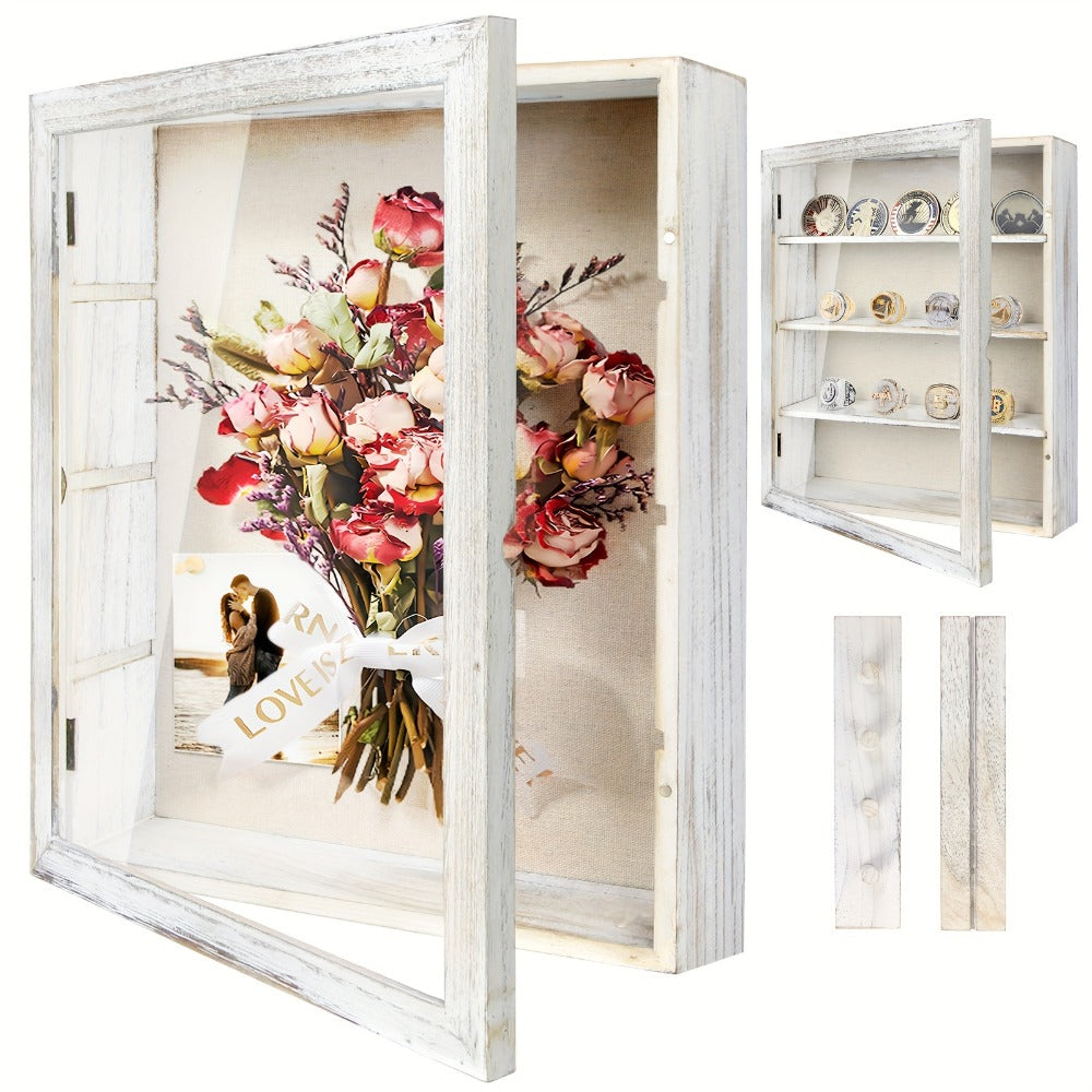 Shadow Box Frame 11x14 Large Memory Display Case with Linen Back - 4 Removable Shelves for Medals, Coins, Rings, Pins, Photos & Flowers | Deep Shadow Box for Collections, Country Farmhouse Style
