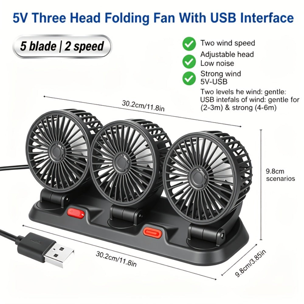 USB 3-Head Desk Fan Quiet Operation Adjustable Speed Powerful Efficient Cooling for Home Office Bedroom Computer Power Bank Compatible Black