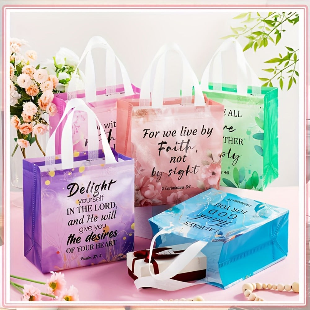 Religious Gift Bags with Handles Bulk 32 or 64 Pcs Bible Verse Flower Designs Reusable Non-Woven Tote Bags for Church Wedding Birthday Party Women Girls