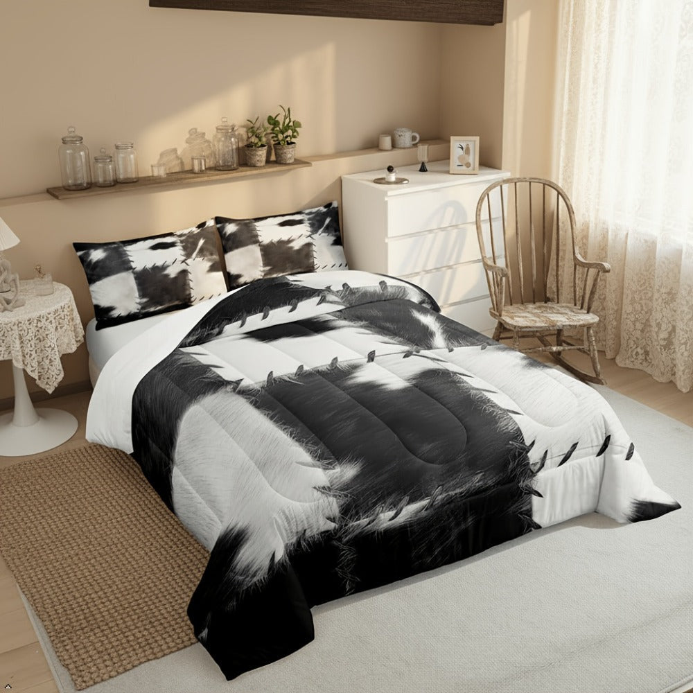 Cowhide Print Comforter Set 2/3pcs, Farmhouse Western Faux Animal Fur Bedding, Patchwork Cow Skin Quilt Set for All Beds, Soft Cozy Grey White