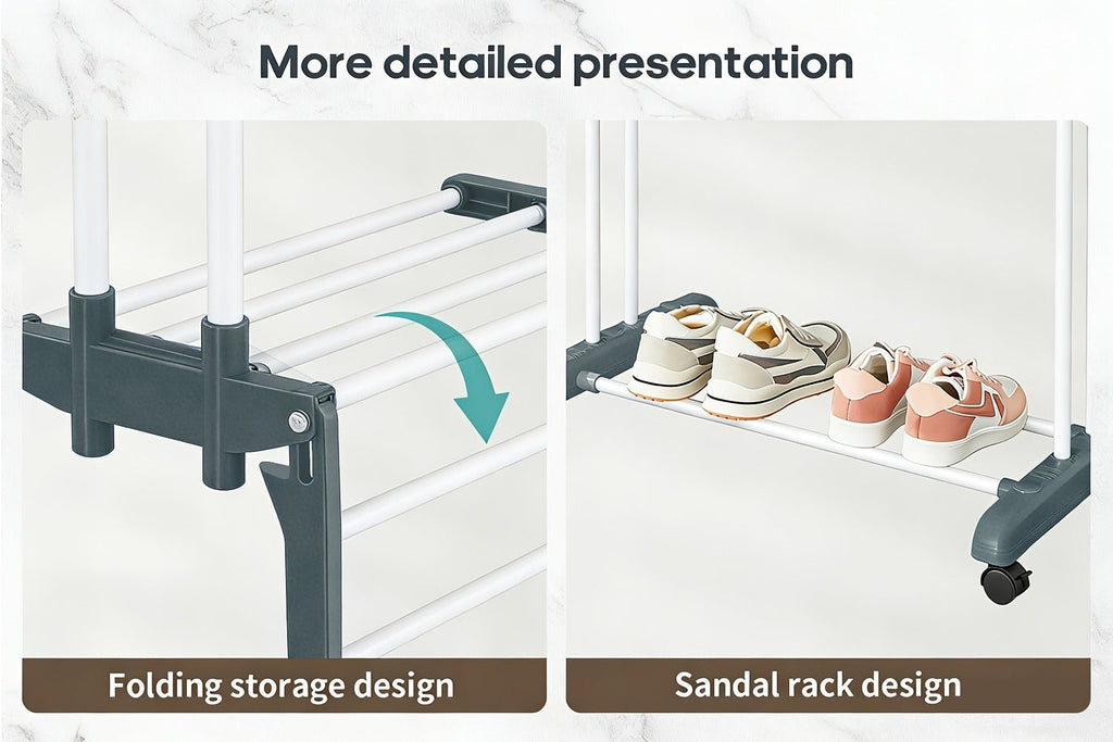Clothes Drying Rack 4-Tier Foldable Metal Laundry Rack with Rolling Casters, Holds 30+ Garments, Adjustable Shelf Heights, Freestanding Collapsible Clothes Dryer Stand for Bedroom Bathroom Nursery Small Spaces