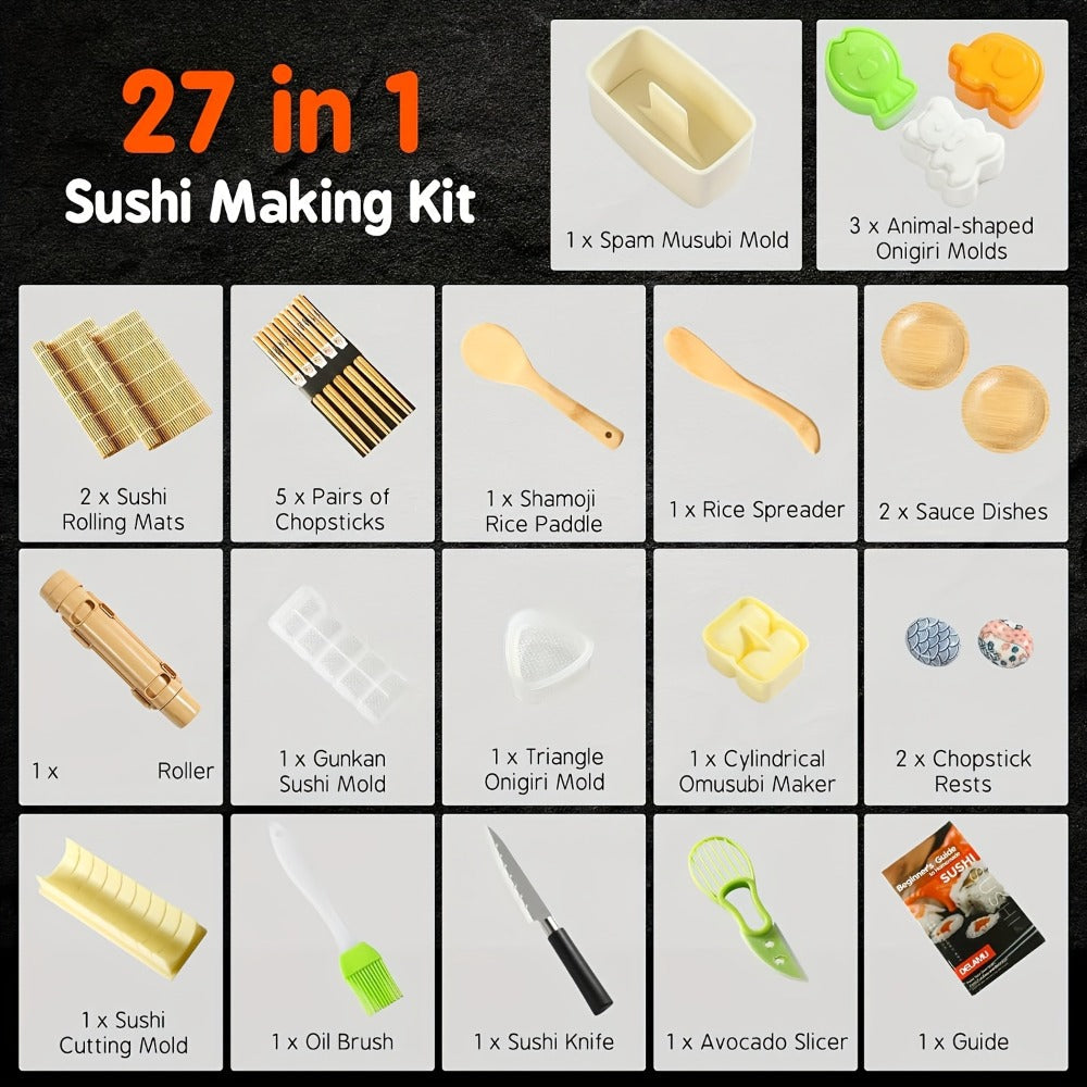 Sushi Making Kit 9/27Pcs with Bamboo Rolling Mats, Rice Molds, Paddle, Knife & Chopsticks ¨C Beginner Set for Home, School, Camping & Gifts