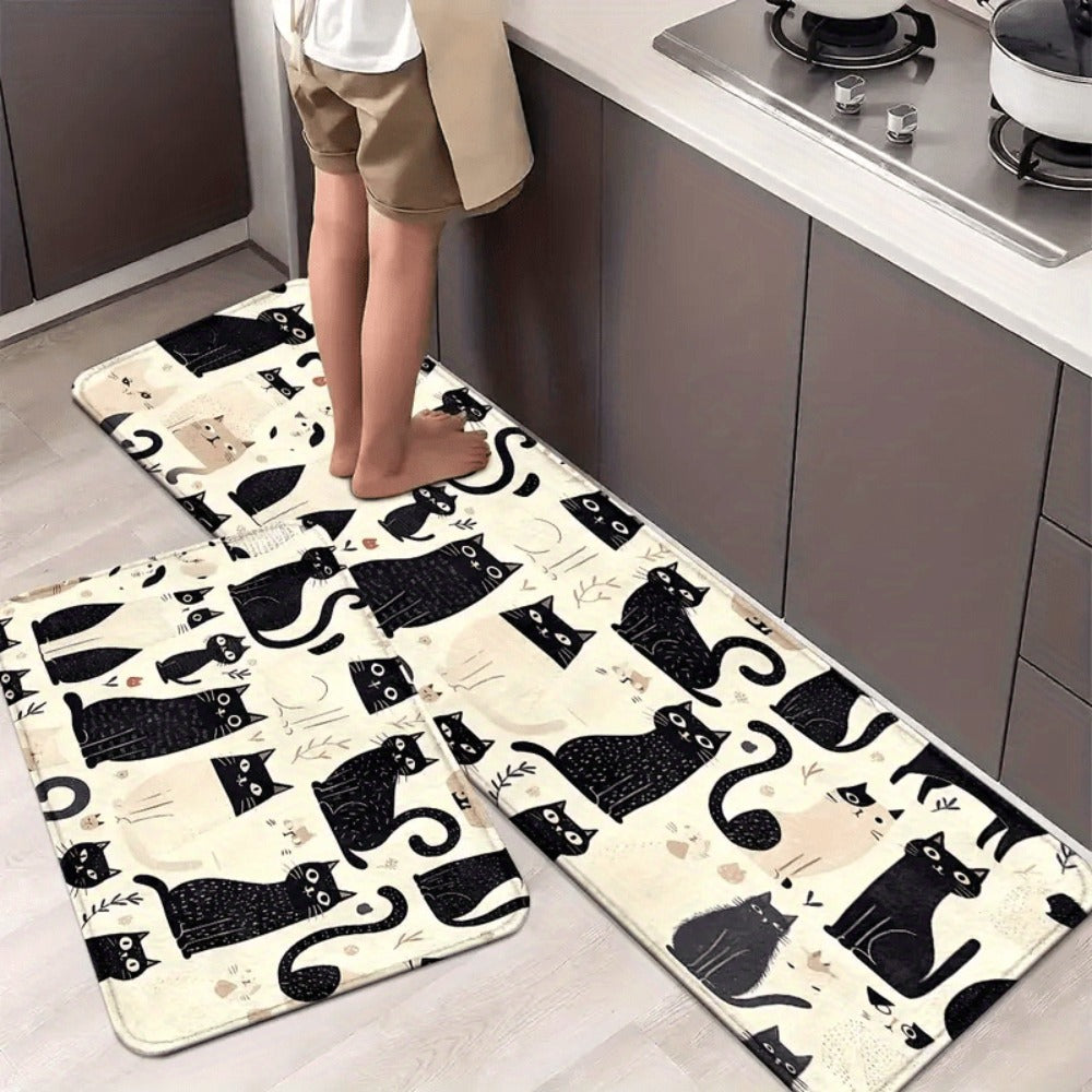 Cat Pattern Non-Slip Flannel Floor Mat Washable Soft Rug with Anti-Slip Backing - Black White Playful Cat Design for Kitchen Entryway Dining Room Bedroom Bathroom, Hand Washable Home Decor Floor Mat