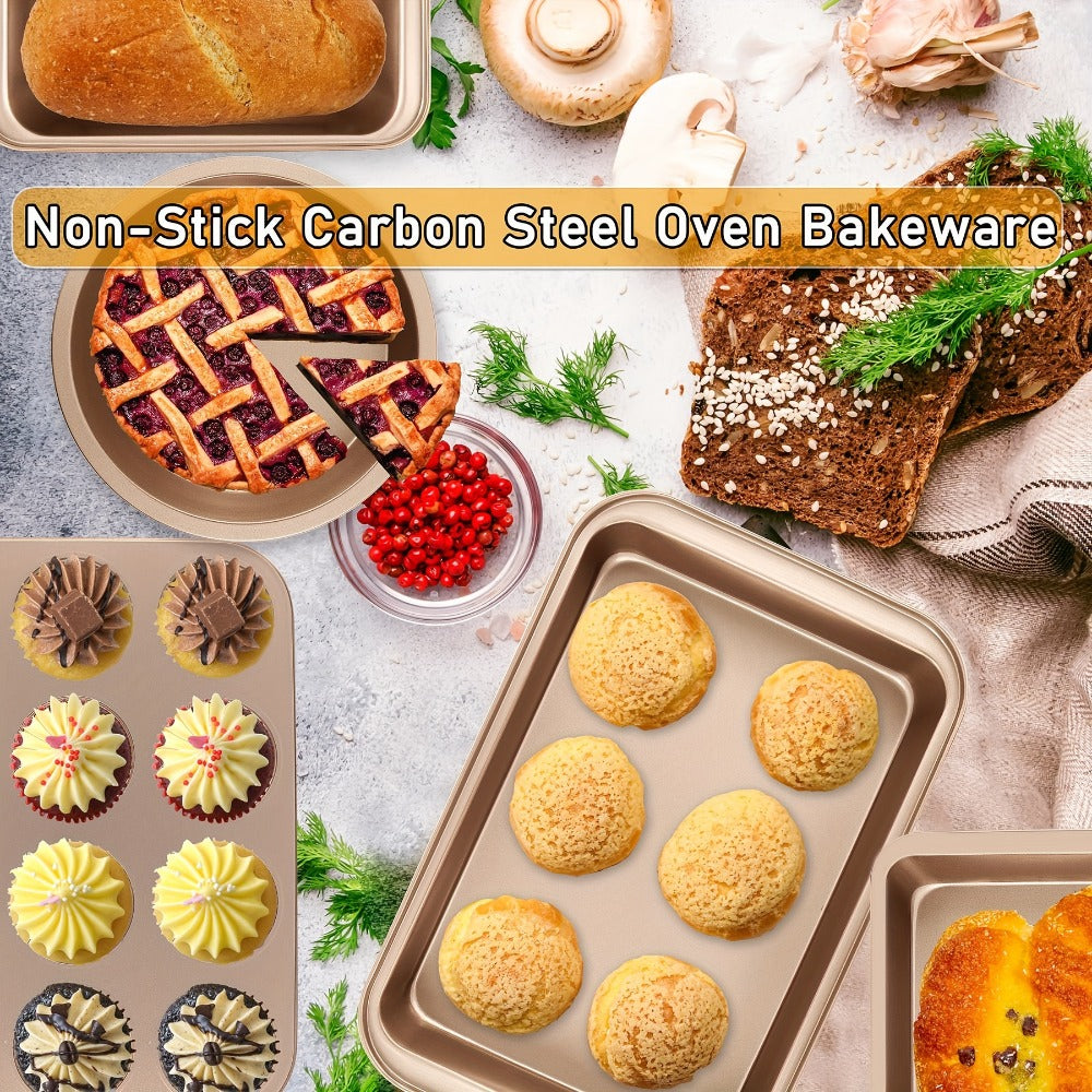 Nonstick Bakeware Set Stackable Space-Saving - Round & Square Pans, Waffle Tray, Cookie Sheet, Dishwasher Safe, Carbon Steel Baking Pan Set for Oven, 2pcs / 5pcs / 10pcs Options