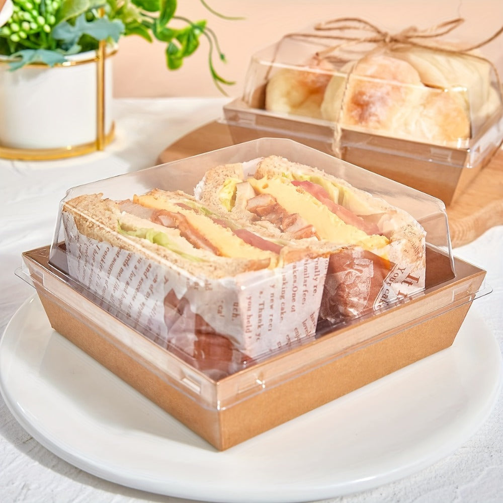 Kraft Paper Food Boxes with Clear Lid 50pcs Brown Bakery Box with String for Dessert Sandwich Cake Cookie Wedding Birthday Party Picnic Favor Packaging