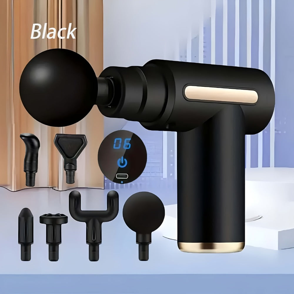 Portable Mini Fascia Gun ¨C USB Rechargeable Muscle Massage Gun with 4 Interchangeable Heads & 6 Speed Modes, Silent Motor Deep Tissue Massager for Back, Neck & Full Body Sports Recovery