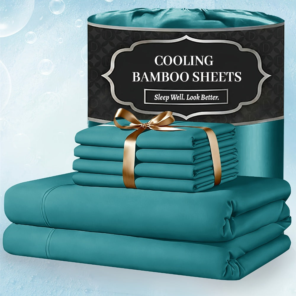Bamboo Bed Sheet Set 4 Piece Extra Deep Pocket Cooling Breathable Soft Wrinkle Free Hotel Luxury Fitted Sheet Flat Sheet Pillowcases Twin Full Queen King
