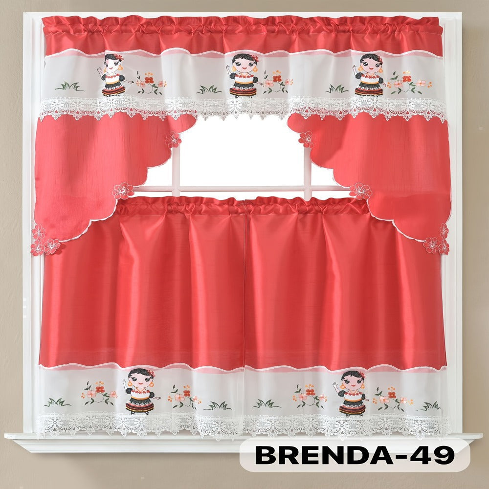 Kitchen Curtains 3 Piece Set Embroidered Satin Valance and Tiers - Rod Pocket Light Filtering Machine Washable 46 Colors Available All Season Home Decor