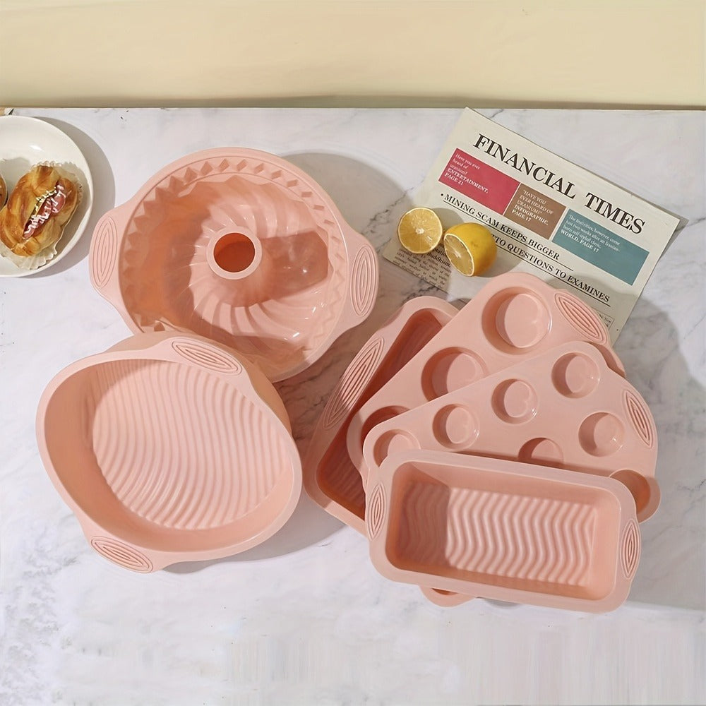 Silicone Baking Pan Set 6-Piece, Nonstick Silicone Cake Molds, Muffin Pan & Donut Baking Pan, Flexible Easy Release Bakeware for Oven Use, Holiday Baking Molds in Pink Gray Blue