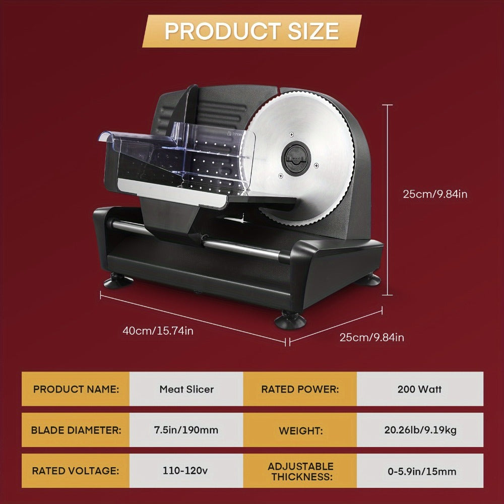Electric Meat Slicer 200W Deli Food Slicer with Two 7.5¡± Removable Stainless Steel Blades 0-15mm Thickness Control Cut Meat Ham Bread Cheese Fruit for Home Use
