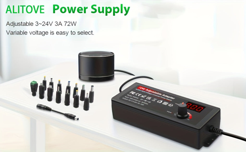 Adjustable AC to DC Power Adapter 72W - 3-24V Variable Power Supply with LCD Voltage Display, Knob Control, 15 Interchangeable Tips, Overvoltage & Short Circuit Protection, 100-240V Universal Input