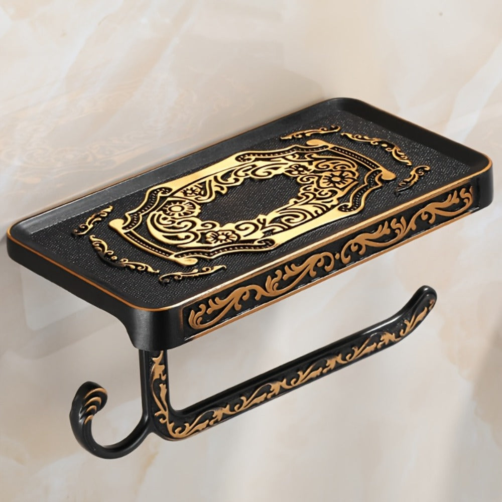 Toilet Paper Holder with Shelf Antique Brass Vintage Wall Mounted - Self-Adhesive No Drill Tissue Roll Dispenser with Storage Ledge, Elegant Bathroom Accessory in Golden & White, 1pc or 2pcs