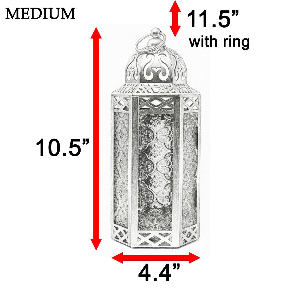 Moroccan Candle Lantern Holder - Decorative Metal & Glass Lantern with Embossed Floral Design for Indoor Home Decor, Garden, Patio, Weddings, Ramadan, Halloween & Holiday Celebrations - 10.5¡± Tall Medium Size