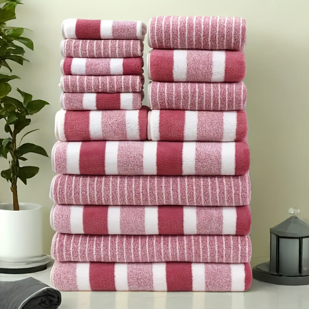 Coral Fleece Towel Set 9 or 15 Piece No Hair Loss 320GSM - Super Soft Absorbent Two-Color Striped | 2 Bath 2 Face 5 Hand Towels | Gray Brown Red Green Blue Mixed | Bathroom Beach Essentials